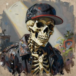 messy painting, rapper skeleton in the style of hiphop, artstation