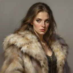 a woman with long hair wearing a fur coat, a character portrait by mandy jurgens, cgsociety, fantasy art, artstation hd, detailed painting, official art