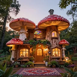 exterior of an amanita muscaria mushroom house made entirely of redwood during sunset with soft lamp light, lots of plants and stained glass ceilings and persian rugs
