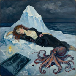 iceberg, atlantic, night, a female art student falling asleep, titanic, black paint, sensual, cloudy, squashed berries, octopus, neo - impressionist, surrealism,! dream acrylic and spray paint and oilstick on canvas, portrait of a female art student falling asleep, scientific research, crashcart, x - ray, sensual, blossom, squashed berries dripping, octopus, candlelight, neo - impressionist, surrealism - n 9 - w 6 4 0 - h 6 4 0
