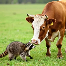 cow bullying a raccoon