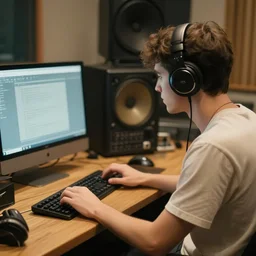 guy producing music in the studio infront of a computer, realistic, photorealistic, nostalgic