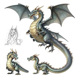 dragon design, character sheet, Moebius, Greg Rutkowski, Zabrocki, Karlkka, Jayison Devadas, Phuoc Quan, trending on Artstation, 8K, ultra wide angle, zenith view, pincushion lens effect