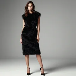 full body aesthetic photograph of a beautiful young woman in a furry black cocktail dress by Nick Knight, realistic, photorealistic, HD, 4k resolution