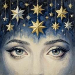 an art deco painting of stars hanging from a ceiling, half opened eyes, suns, vector art by Mary Blair, behance contest winner, space art, concert poster
