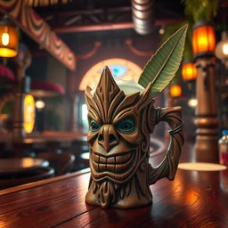 a closeup photorealistic photograph of a trader vic's tiki mug in the style of groot at the restaurant bar. bright scene. fine detail. this 4 k hd image is trending on artstation, featured on behance, well - rendered, extra crisp, features intricate detail, epic composition and the style of unreal engine.