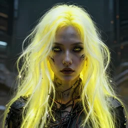 highly detailed closeup portrait of wasteland long glowing yellow and white plasma hair tribal lady, stray electric spark wiring by jean jullien, 4 k resolution, gradient yellow, black and white color scheme!!! ( ( dystopian city background ) )
