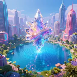 mystical colorful cyberpunk city with a clear blue lake in a clearing where an abstract nebula crystal sculpture is floating above it, powerful, ethereal, vaporwave