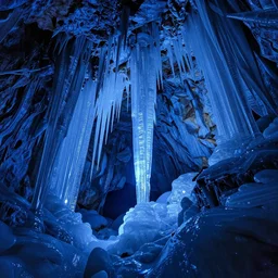 photography by marc adamus, interior of a cave, frozen, shining crystals, vibrant lighting, blue color scheme, beautiful