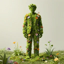a man made of moss and flowers, full body view, beautiful high quality realistic fantasy art, trending on artstation by artgerm and greg rutkowski and alphonse mucha