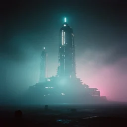high - tech mars city, volumetric light, foggy, moody, kodak photography, slow shutter speed, cyan and pink light