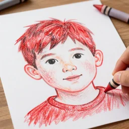 Drawing by a three year old in crayon, unreal engine octane, red and white, portrait, gliter, depth of field, 8k, hyper detailed