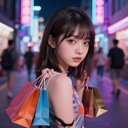 cute girl wearing high heel with shopping bags, neon street. | very very anime!!!, fine - face, audrey plaza, realistic shaded perfect face, fine details. anime. very strong realistic shaded lighting poster by ilya kuvshinov katsuhiro otomo ghost, magali villeneuve, artgerm, jeremy lipkin and michael garmash and rob rey