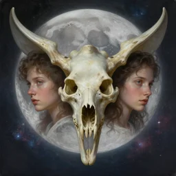 symmetry!! ultra realistic portrait of flying bone!! moon and galaxy in background!, intricate, elegant, highly detailed, digital painting, artstation, concept art, smooth, sharp focus, illustration, art by artgerm and ross tran and greg rutkowski and alphonse mucha, 8 k