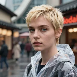 Kodak Portra 400, 8K, highly detailed, wachowski 3/4 extreme closeup portrait, clear eyes, focus on clear transparent raincoat blonde pixie hair model, tilt shift zaha hadid style background: famous blade runner remake, tokyo izakaya scene