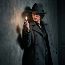 noir female detective in a gray coat, hat and black glasses leans against the wall and lights up, fallout 4 5