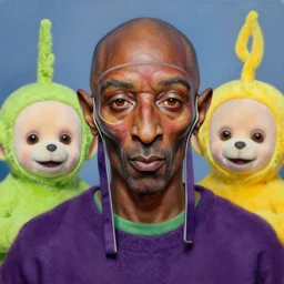 beautiful lifelike painting of mf doom as the teletubbies, hyperreal detailed facial features and uv lighting, art by ed roth and basil wolverton