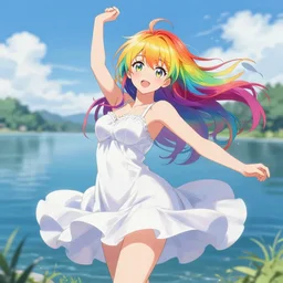 SFW version, stunning beauty anime, advanced digital art, painting, WLOP, pixivs, Sakimichan, RossDraws, girl with rainbow hair dancing in the middle of a lake wearing a white dress. —H 2048