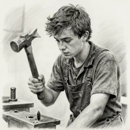 film still of youthful charlie day, working as blacksmith, pencil drawing, greyscale, realistic detailed face, holding hammer, contrast