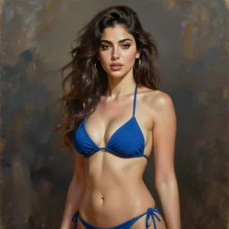 pretty anime girl in bikini nancy ajram, oil painting