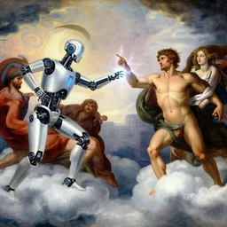 modern mechanical robotic cyber robot on the clouds is raching out touching an athletic human man with lightning fingers, inspiring new energy between the two figures, classical religious painting, inspired by the creation of adam painting, by michelangelo, concept art, fritz lang, stanley kubrick, annie liebovitz