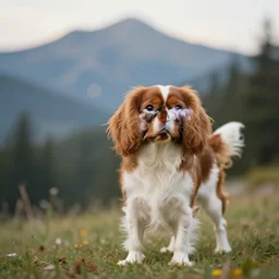cavalier king charles spaniel, mountain forest background, bokeh, art by greg rutkowski