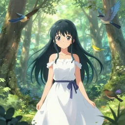 Art Anime Girl At A Beautiful Forest With Birds