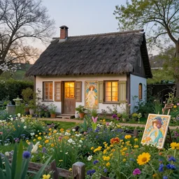 a cottage house with garden permaculture, perfect spring day with, colorful wildflowers, painting byalphonse mucha and studio ghibli, twilight lighting