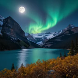 a matte painting of Lake Louise in fall, moonlight, northern lights, highly detailed, artstation, HD wallpaper