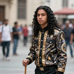 a young brazilian pimp with a cane, wearing a fancy jacket, long black curly hair, high quality, sigma 8 5 mm, color photo, street photography