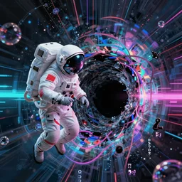 astronaut sucked into blackhole, synthwave, glitchy, reflective, holographic, neon, trending on artstation