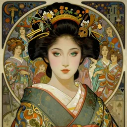 realistic detailed face portrait of a beautiful young possessed green eyes queen from big trouble little china, dressed in fine geisha kimonos by alphonse mucha, ayami kojima, amano, charlie bowater, karol bak, greg hildebrandt, jean delville, and mark brooks, art nouveau, neogothic, gothic, rich deep moody colors, surreal majestic dreamscape, character concept design