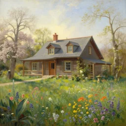 a remote cottage house with garden, perfect spring day with, colorful wildflowers, painting by albert bierstadt, early morning light