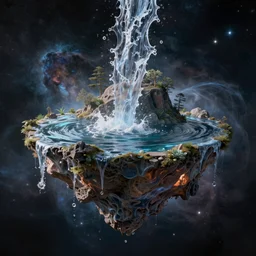 a floating island in space, water flowing, surrounded by nebula, by petros afshar