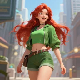 beautiful cute red haired joyful and playful nineteen year old maiden standing up in casual green clothing, modern city, long hair, attractive face, attractive and athletic body, rpg character, sci - fi, fantasy, intricate, elegant, digital painting, artstation, concept art, smooth, 8 k frostbite 3 engine, ultra detailed, art by artgerm, magali villeneuve