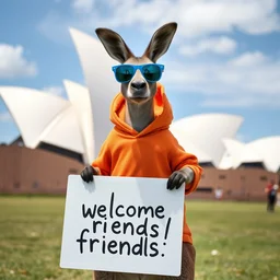 a portrait photo of a kangaroo wearing an orange hoodie and blue sunglasses standing on the grass in front of the sydney opera house holding a sign on the chest that says welcome friends!