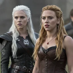 Scarlett Johansson and Katheryn Winnick, with a scar and white hair, in the TV series Vikings