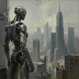 cinematic view of a cyberpunk landscape from left, futuristic, robotic enhancements, desaturated, tim hildebrandt, wayne barlowe, bruce pennington, donato giancola, larry elmore, oil on canvas, masterpiece, trending on artstation, featured on pixiv, cinematic composition, dramatic, beautiful lighting, sharp, details, hyper - detailed, hd, hdr, 4 k, 8 k
