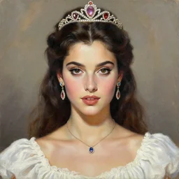 clothed in blouse, tiara, necklace, earrings. close - up face portrait painting of a fantas princess, by boris vallejo.
