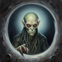 portrait study, a realistic painting of a lovecraft cthulhu creature inside a singular portal hell gate, shining its light across a tumultuous sea of red fluids and skulls by zdzisław beksinski and h. r. giger