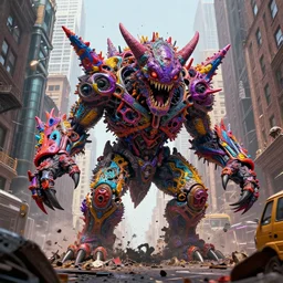 destructive monster in the city, photorealistic, highly detailed, sharp focus, vivid, colorful, symmetrical, random, convoluted, mind - blowing, creative, fully functional, end of the world, physics defying, amazing, cool