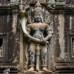 angkor thon, asuras yaksha giant, holding a snake, full body, photorealistic, photography hight quality, sharp, stones, award winning photography, canon, thierry rouzier