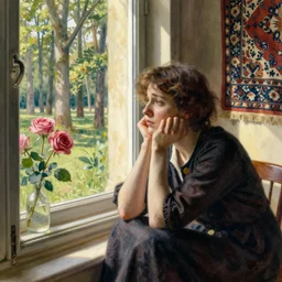 a woman with her hands dragging her chin, sorrowfully sits by a window, looking out into the distance, a grove of french sycamores in the distance. roses are placed by the window, and a persian tapestry hangs on the wall, by steve hanks, warm lighting, strong shadows, watercolor by john singer sargent