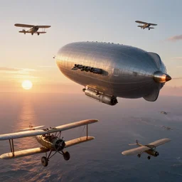 a flying airship with heavy weaponry, big air fight, biplanes, steampunk, ocean sunrise, air battle, greg rutowski, trending on artstation