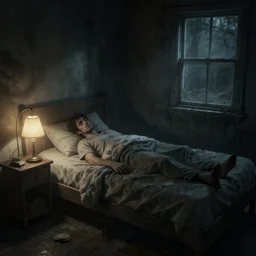 art station, man in bed, just waking up, night, lamp lighting, horror, dark room, desolated, a window, atmospheric, grunge