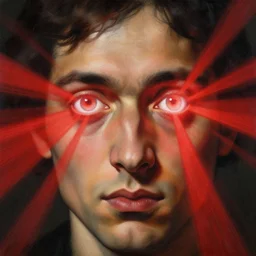 painting portrait of a man shooting massive vibrant red light beams from his eyes, matte painting, close up, masterpiece, high details, clear white eyes, by Caravaggio, trending on ArtStation