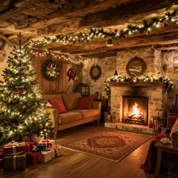 interior of a cozy basement with christmas decorations, hd photo