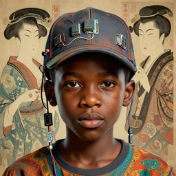 colourful caricature - vfx art - portrait of a nigerian boy wearing a baseball cap with wires and computer chips dangling from inside, art style by james jean, hsiao - ron cheng & utagawa kunisada, character concept art, unreal engine render, digital illustration, sharp, intricate detail, volumetric light, ray tracing, soft light, symmetric, pinterest, artstation, behance,