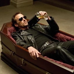 laurence fishburne as morpheus, leather jacket, sunglasses, lying in a casket, drinking a 4 0, by gaston bussiere, craig mullins