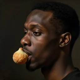 a black man's face in profile, made of coxinha, in the style of the Dutch masters and Gregory Crewdson, dark and moody